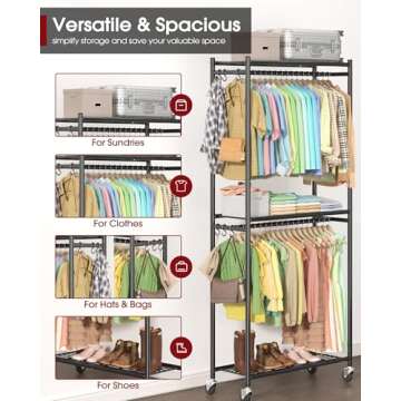 Sakugi Heavy-Duty Clothes Rack - 33.0" x 12.2" x 74.2" Clothing Rack with Shelves & Wheels, Multi-Functional Wardrobe Closet with Hooks, Sturdy Metal Garment Rack for Bedroom, Laundry, Balcony (Black)
