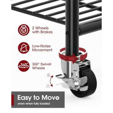 Sakugi Heavy-Duty Clothes Rack - 33.0" x 12.2" x 74.2" Clothing Rack with Shelves & Wheels, Multi-Functional Wardrobe Closet with Hooks, Sturdy Metal Garment Rack for Bedroom, Laundry, Balcony (Black)