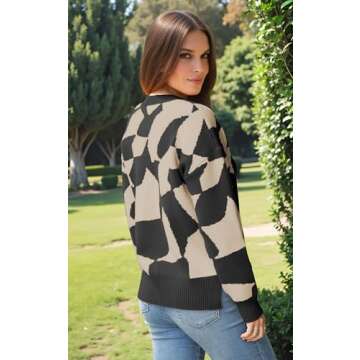 ECOWISH Women Crewneck Pullover Sweater: 2024 Winter Fashion Oversized Dropped Shoulder Printed Tops Side Slit Warm Clothing 397Black XL