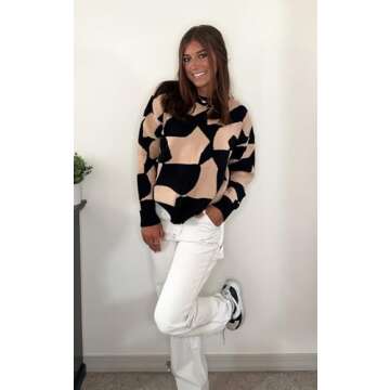 ECOWISH Women Crewneck Pullover Sweater: 2024 Winter Fashion Oversized Dropped Shoulder Printed Tops Side Slit Warm Clothing 397Black XL