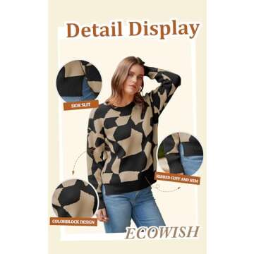 ECOWISH Women Crewneck Pullover Sweater: 2024 Winter Fashion Oversized Dropped Shoulder Printed Tops Side Slit Warm Clothing 397Black XL