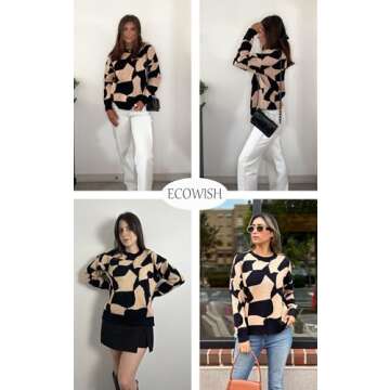 ECOWISH Women Crewneck Pullover Sweater: 2024 Winter Fashion Oversized Dropped Shoulder Printed Tops Side Slit Warm Clothing 397Black XL