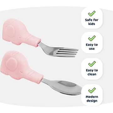 Tiny Twinkle Easy Grip Toddler Utensils Spoon and Fork Set - BPA & Phthalate Free Utensil Sets, Kids Silverware With Silicone Handle, Baby Led Weaning Supplies for 12 Months & Up (Pink Elephant)