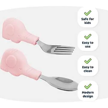 Tiny Twinkle Easy Grip Toddler Utensils Spoon and Fork Set - BPA & Phthalate Free Utensil Sets, Kids Silverware With Silicone Handle, Baby Led Weaning Supplies for 12 Months & Up (Pink Elephant)