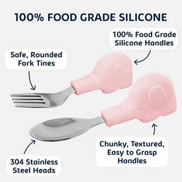 Tiny Twinkle Easy Grip Toddler Utensils Spoon and Fork Set - BPA & Phthalate Free Utensil Sets, Kids Silverware With Silicone Handle, Baby Led Weaning Supplies for 12 Months & Up (Pink Elephant)