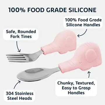 Tiny Twinkle Easy Grip Toddler Utensils Spoon and Fork Set - BPA & Phthalate Free Utensil Sets, Kids Silverware With Silicone Handle, Baby Led Weaning Supplies for 12 Months & Up (Pink Elephant)