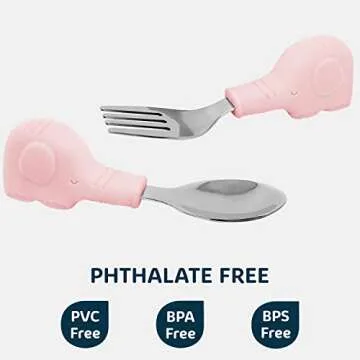 Tiny Twinkle Easy Grip Toddler Utensils Spoon and Fork Set - BPA & Phthalate Free Utensil Sets, Kids Silverware With Silicone Handle, Baby Led Weaning Supplies for 12 Months & Up (Pink Elephant)