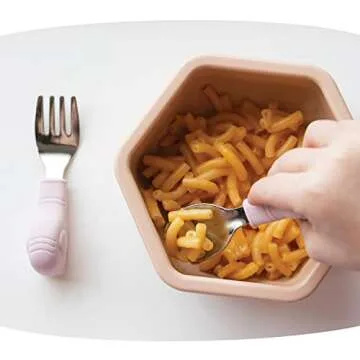 Tiny Twinkle Easy Grip Toddler Utensils Spoon and Fork Set - BPA & Phthalate Free Utensil Sets, Kids Silverware With Silicone Handle, Baby Led Weaning Supplies for 12 Months & Up (Pink Elephant)