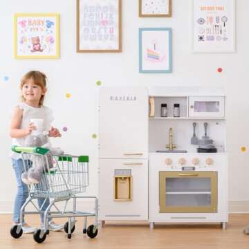 Teamson Kids - Children Play Kitchen Sets, Toddler Girls Pretend Kitchen Set Ages 2-6, Kitchen Toys for Kids Ages 4-8, Little Chef Mayfair Classic Kids Kitchen Playset with 11 Accessories - White/Gold