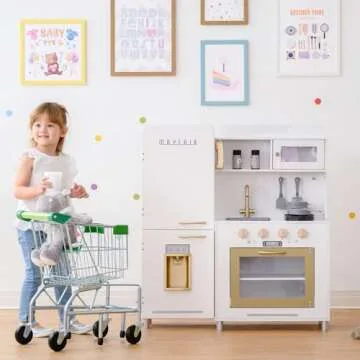 Teamson Kids - Children Play Kitchen Sets, Toddler Girls Pretend Kitchen Set Ages 2-6, Kitchen Toys for Kids Ages 4-8, Little Chef Mayfair Classic Kids Kitchen Playset with 11 Accessories - White/Gold