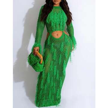 CXINS Women Sexy Long Sleeve Sequin Fringe Crochet Maxi Dress Beach Cover Ups Hollow Out Swimwear Bikini Cover Up Dress Green Size S