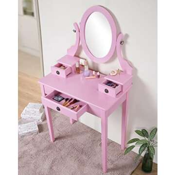 Elegant Roundhill Furniture Moniys Moniya Pink Wood Makeup Vanity Set