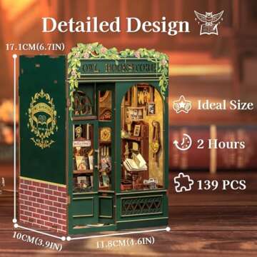 Fsolis Book Nook Kit, DIY Miniature House Room Kit for Adult Activity Mini Puzzle Booknooks Bookshelf Alley Decor Gifts for Women Teenagers Craft Lovers（OWL Bookstore）
