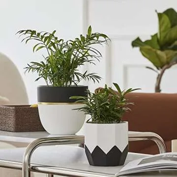 LA JOLIE MUSE Ceramic Plant Flower Pots Indoor - 6.3 + 5 Inch Modern White Geometric Octagon & Round Orchid Cactus Herb Planter Pots for Home Decor, Matte Finish