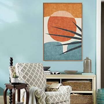 IDEA4WALL Framed Canvas Print Wall Art Abstract Blue Palm Tree & Red Sun Geometric Shapes Illustrati...