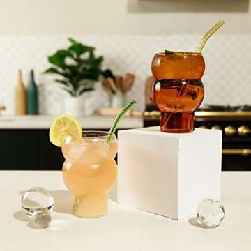 Rhoji 16 oz Drinking Glasses Set with 2 Reusable Glass Straws, Set of 2, Unique Vintage Glassware, BPA-Free and Crystal Clear, Scratch Resistant and Shatterproof for Party and Events