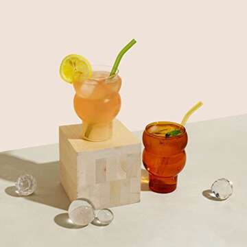 Rhoji 16 oz Drinking Glasses Set with 2 Reusable Glass Straws, Set of 2, Unique Vintage Glassware, BPA-Free and Crystal Clear, Scratch Resistant and Shatterproof for Party and Events