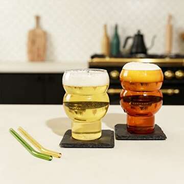 Rhoji 16 oz Drinking Glasses Set with 2 Reusable Glass Straws, Set of 2, Unique Vintage Glassware, BPA-Free and Crystal Clear, Scratch Resistant and Shatterproof for Party and Events