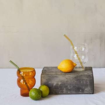 Rhoji 16 oz Drinking Glasses Set with 2 Reusable Glass Straws, Set of 2, Unique Vintage Glassware, BPA-Free and Crystal Clear, Scratch Resistant and Shatterproof for Party and Events