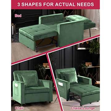 Litbird [Updated] Convertible Chair Sleeper Bed, Stepless Adjustable Backrest, Futon Chair Turns Into Bed, Sleeper Sofa for Living Room, 3 in 1, Imitation Flannel, Dark Green