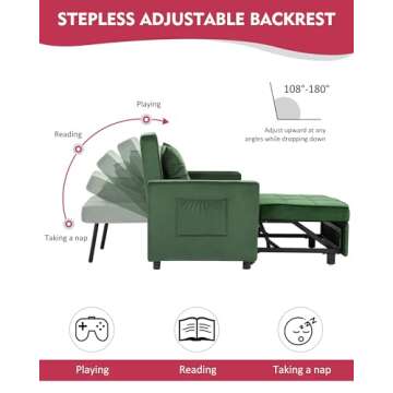 Litbird [Updated] Convertible Chair Sleeper Bed, Stepless Adjustable Backrest, Futon Chair Turns Into Bed, Sleeper Sofa for Living Room, 3 in 1, Imitation Flannel, Dark Green