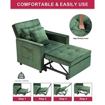 Litbird [Updated] Convertible Chair Sleeper Bed, Stepless Adjustable Backrest, Futon Chair Turns Into Bed, Sleeper Sofa for Living Room, 3 in 1, Imitation Flannel, Dark Green