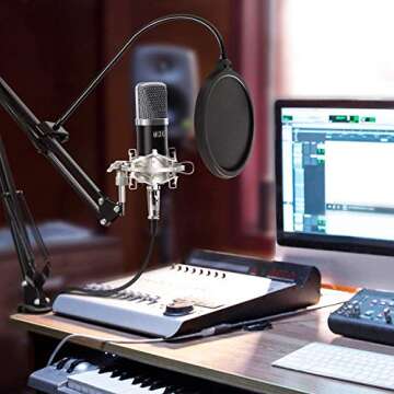 TONOR XLR Condenser Microphone Kit with XLR to XLR Cable/3.5mm to XLR/Adjustable Mic Suspension Scissor Arm/Shock Mount/USB Audio Adapter for Professional Studio/Home Recording, Podcasting, Black