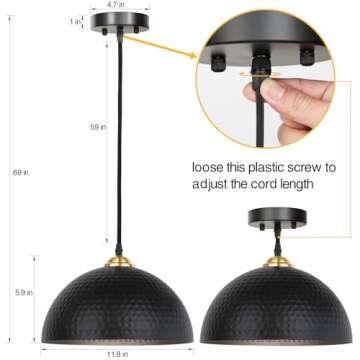 2 Pack Adjustable Black Metal Industrial Pendant Light Fixtures for Home Decor