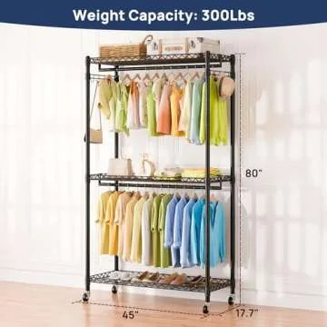 ENJOYBASICS Heavy Duty Metal Clothes Rack with Lockable Wheels, 3-Tier Adjustable Garment Clothing R...