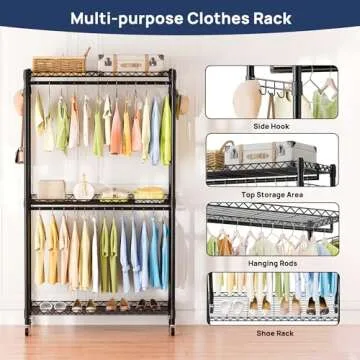 ENJOYBASICS Heavy Duty Metal Clothes Rack with Lockable Wheels, 3-Tier Adjustable Garment Clothing Rack for Hanging Clothes, Wardrobe Storage with Double Rods and Side Hooks, Black