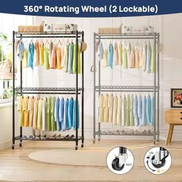 ENJOYBASICS Heavy Duty Metal Clothes Rack with Lockable Wheels, 3-Tier Adjustable Garment Clothing Rack for Hanging Clothes, Wardrobe Storage with Double Rods and Side Hooks, Black