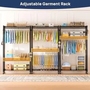 ENJOYBASICS Heavy Duty Metal Clothes Rack with Lockable Wheels, 3-Tier Adjustable Garment Clothing Rack for Hanging Clothes, Wardrobe Storage with Double Rods and Side Hooks, Black