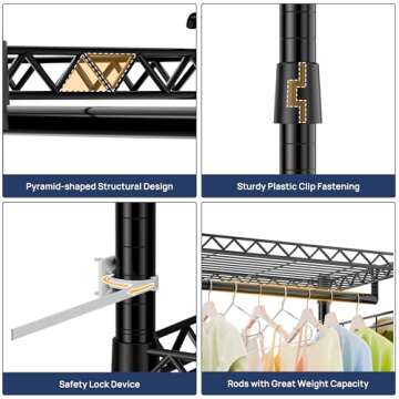 ENJOYBASICS Heavy Duty Metal Clothes Rack with Lockable Wheels, 3-Tier Adjustable Garment Clothing Rack for Hanging Clothes, Wardrobe Storage with Double Rods and Side Hooks, Black