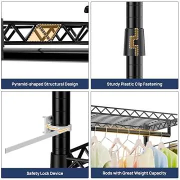 ENJOYBASICS Heavy Duty Metal Clothes Rack with Lockable Wheels, 3-Tier Adjustable Garment Clothing Rack for Hanging Clothes, Wardrobe Storage with Double Rods and Side Hooks, Black