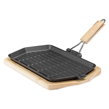 Navaris Sizzling Cast Iron Skillet Set - Fajita Grill Pan with Wooden Trivet, 13.4" x 8"