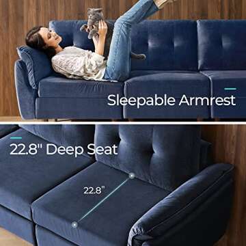 LINSY HOME Modular Sectional Sofa, Velvet Sectional Sofa Couch with Memory Foam, U Shape 6 Seat Modular Sectionals, Sleeper Sofa Couches with Chaise for Living Room, Blue