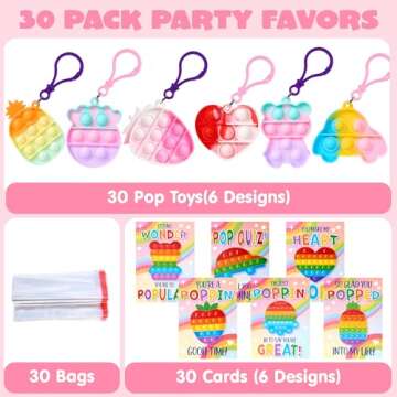 JOYIN 30 Packs Valentine’s Day 6-Design Gift Cards with Pop Bubble Keychains, Mini Colored Pop, Mu...