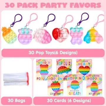 JOYIN 30 Packs Valentine’s Day 6-Design Gift Cards with Pop Bubble Keychains, Mini Colored Pop, Mu...