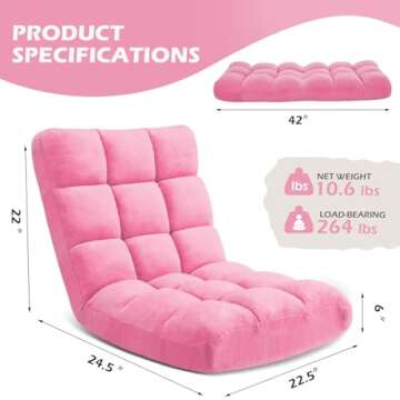 Avocahom Folding Floor Gaming Chair 14-Poistion Cushioned Adjustable Floor Lazy Sofa Chair w/Breathable Cotton & Skin-Friendly Coral Velve for Adults & Kids Perfect for Reading Gaming Meditating, Pink