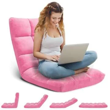 Avocahom Folding Floor Gaming Chair 14-Poistion Cushioned Adjustable Floor Lazy Sofa Chair w/Breathable Cotton & Skin-Friendly Coral Velve for Adults & Kids Perfect for Reading Gaming Meditating, Pink
