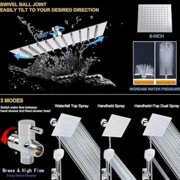 NearMoon Shower Head with Hose, High Pressure Stainless Steel Rain Shower and 3 Settings Handheld Spray Combo with Push Button Flow Control (8 Inch Showerhead Set, Chrome Finish)