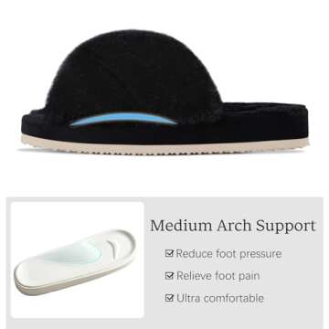 Comwarm Women's Cross Band Fuzzy Slippers Fluffy Open Toe House Slippers Cozy Plush Bedroom Shoes Indoor Outdoor, Black Size 8.5-9.5