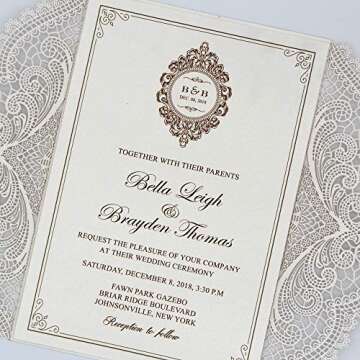 Picky Bride 25-Pack Elegant Wedding Invitations Cards, Save the Date, Ivory Laser Cut Invitations with Ribbon Bow and Envelopes Blank Invitations - set of 25 pcs (Ivory Ribbon, Blank)