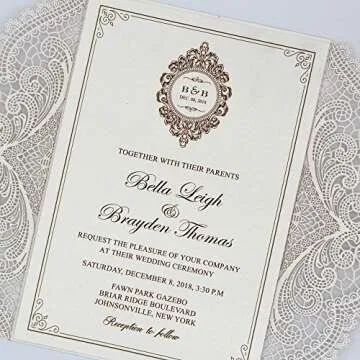 Picky Bride 25-Pack Elegant Wedding Invitations Cards, Save the Date, Ivory Laser Cut Invitations with Ribbon Bow and Envelopes Blank Invitations - set of 25 pcs (Ivory Ribbon, Blank)