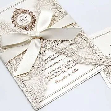 Picky Bride 25-Pack Elegant Wedding Invitations Cards, Save the Date, Ivory Laser Cut Invitations with Ribbon Bow and Envelopes Blank Invitations - set of 25 pcs (Ivory Ribbon, Blank)