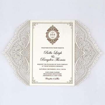 Picky Bride 25-Pack Elegant Wedding Invitations Cards, Save the Date, Ivory Laser Cut Invitations with Ribbon Bow and Envelopes Blank Invitations - set of 25 pcs (Ivory Ribbon, Blank)