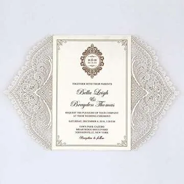 Picky Bride 25-Pack Elegant Wedding Invitations Cards, Save the Date, Ivory Laser Cut Invitations with Ribbon Bow and Envelopes Blank Invitations - set of 25 pcs (Ivory Ribbon, Blank)