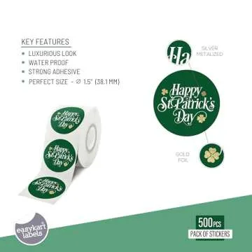 easykart labels 500 Happy St. Patrick's Day Stickers Shamrock Roll Labels Metallic Green with Gold F...