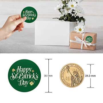 easykart labels 500 Happy St. Patrick's Day Stickers Shamrock Roll Labels Metallic Green with Gold Foil | Suitable for St. Patrick's Day Party Decorations and Crafts Supplies.| 1.5" Round Size