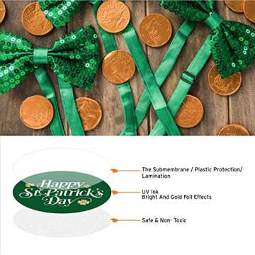 easykart labels 500 Happy St. Patrick's Day Stickers Shamrock Roll Labels Metallic Green with Gold Foil | Suitable for St. Patrick's Day Party Decorations and Crafts Supplies.| 1.5" Round Size
